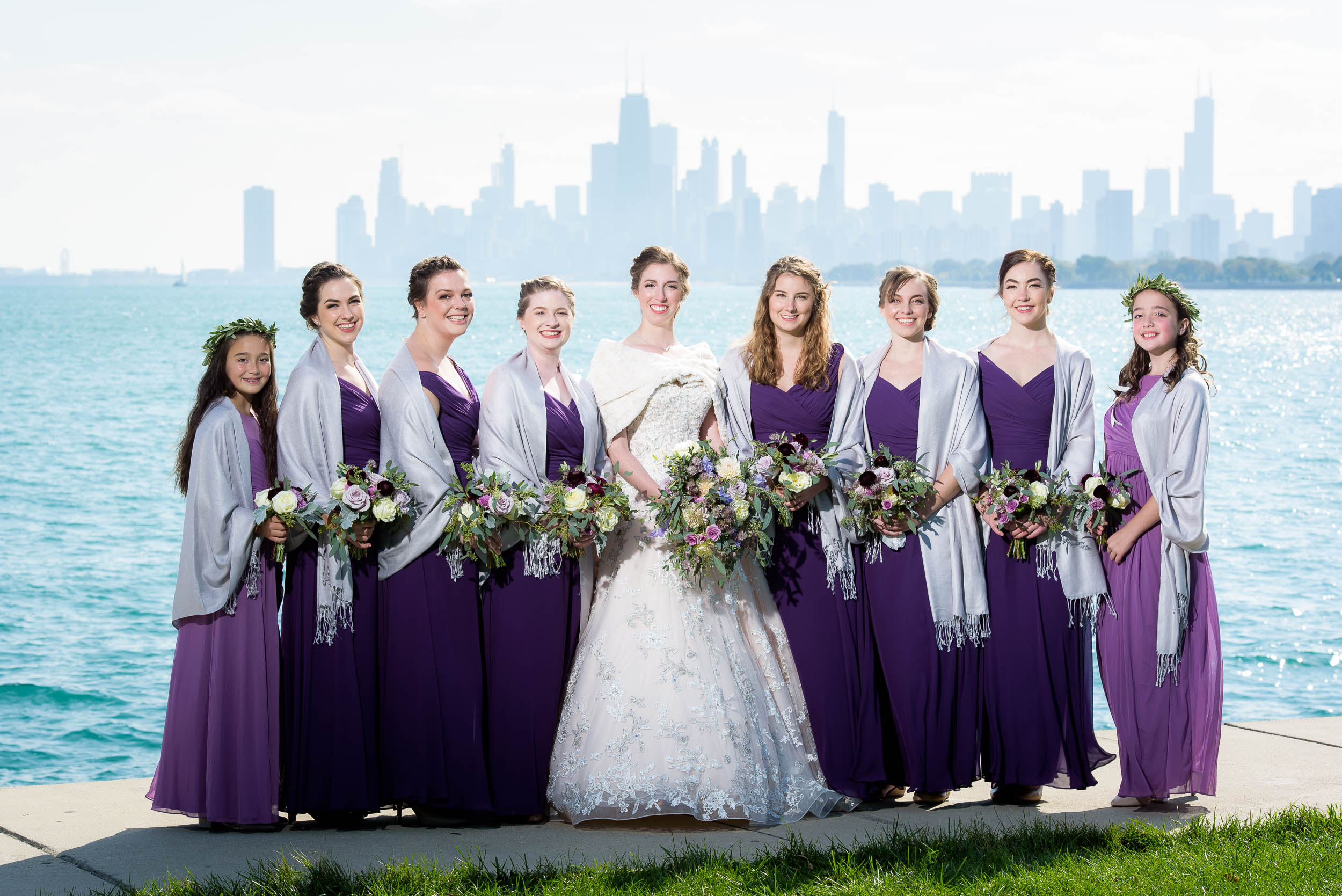 Bridesmaids portrait at Montrose Harbor Chicago.