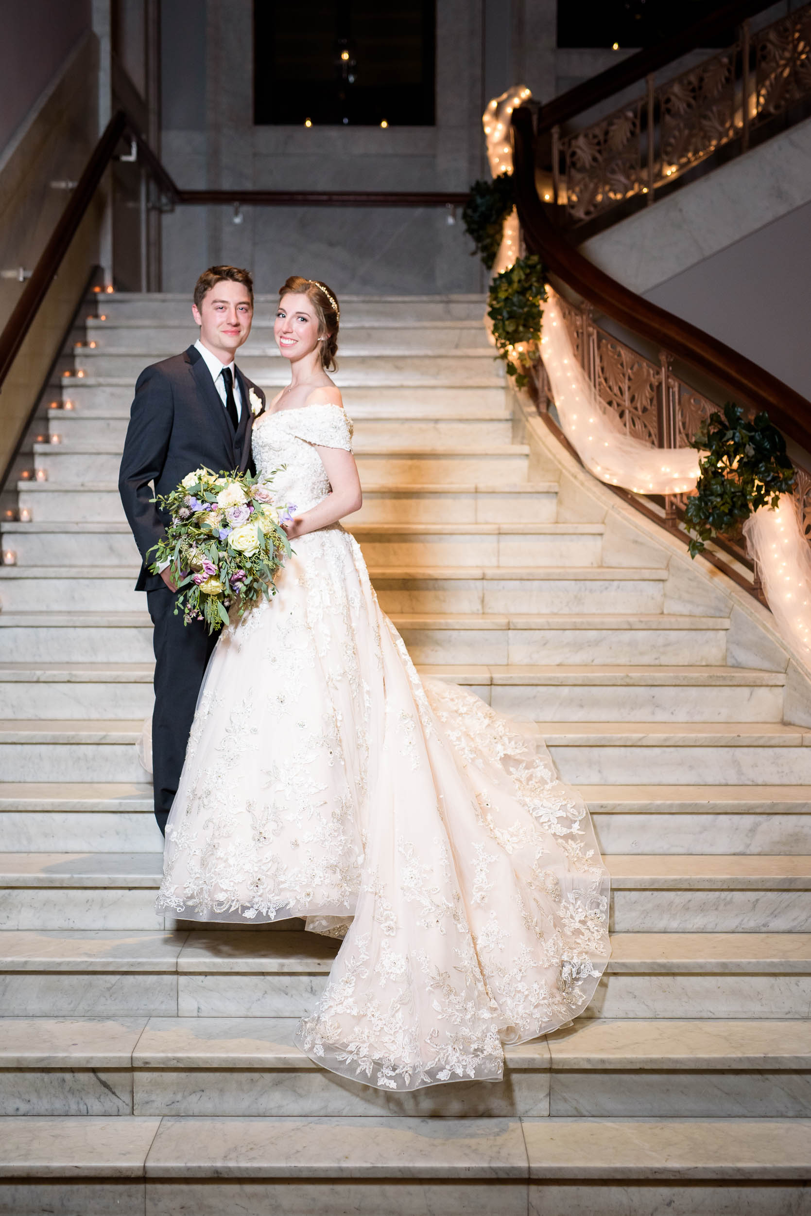 Wedding portrait on the grand staircase during a Newberry Library Chicago wedding.