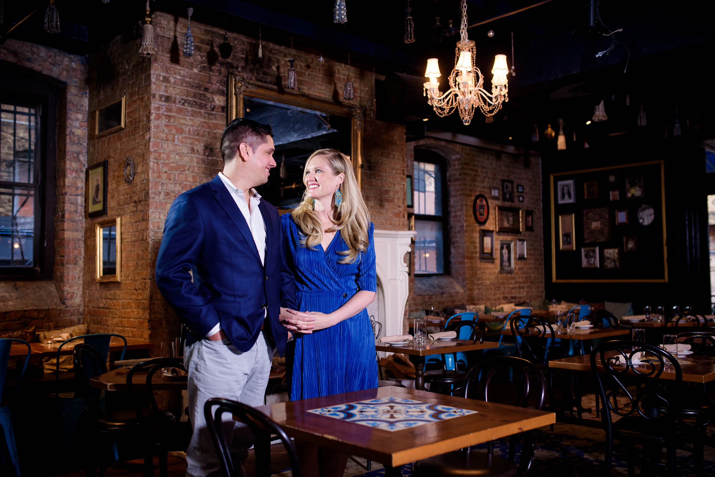 Engagement photo at RM Champagne in Fulton Market Chicago.