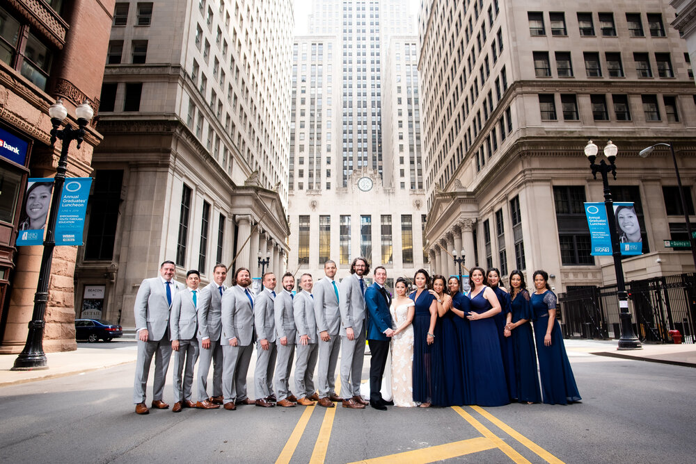 Chicago Board of Trade | Outdoor Wedding Party Photo | Chicago IL