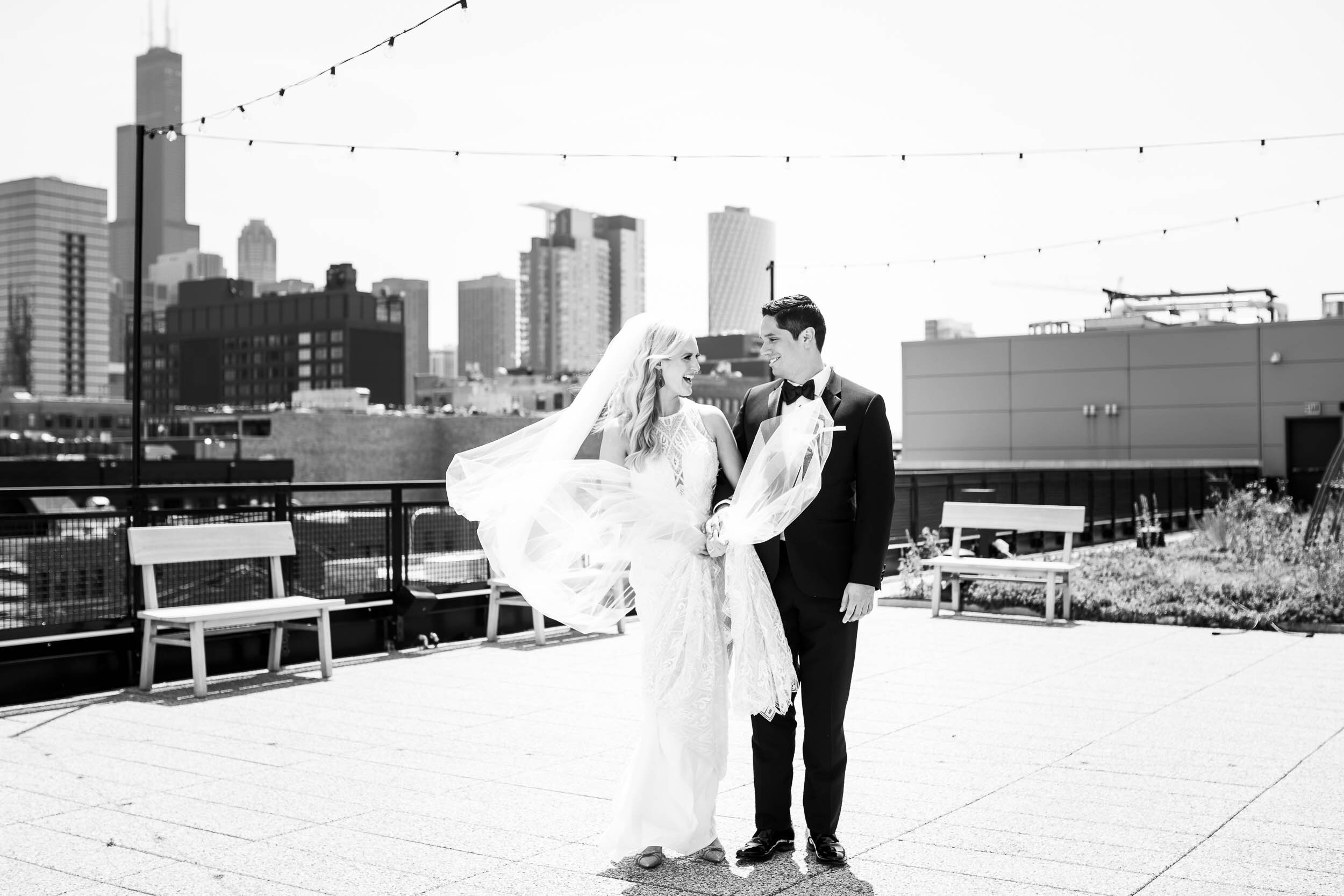 Black and white wedding portrait: Carnivale Chicago Wedding captured by J. Brown Photography