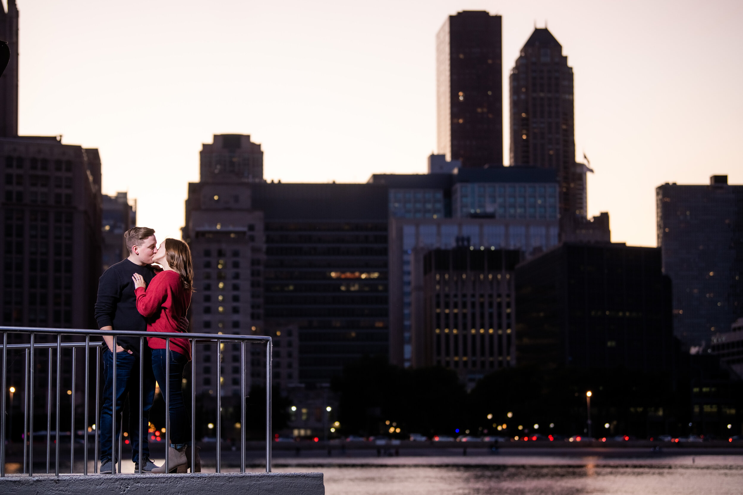 Sunset engagement photo of couple at Milton Olive Park in Chicago. 