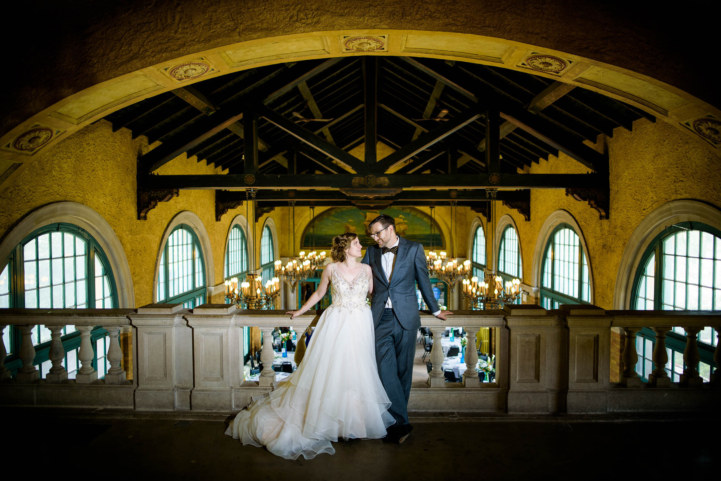 Creative indoor portrait of the bride and groom: Columbus Park Refectory Chicago wedding captured by J. Brown Photography.