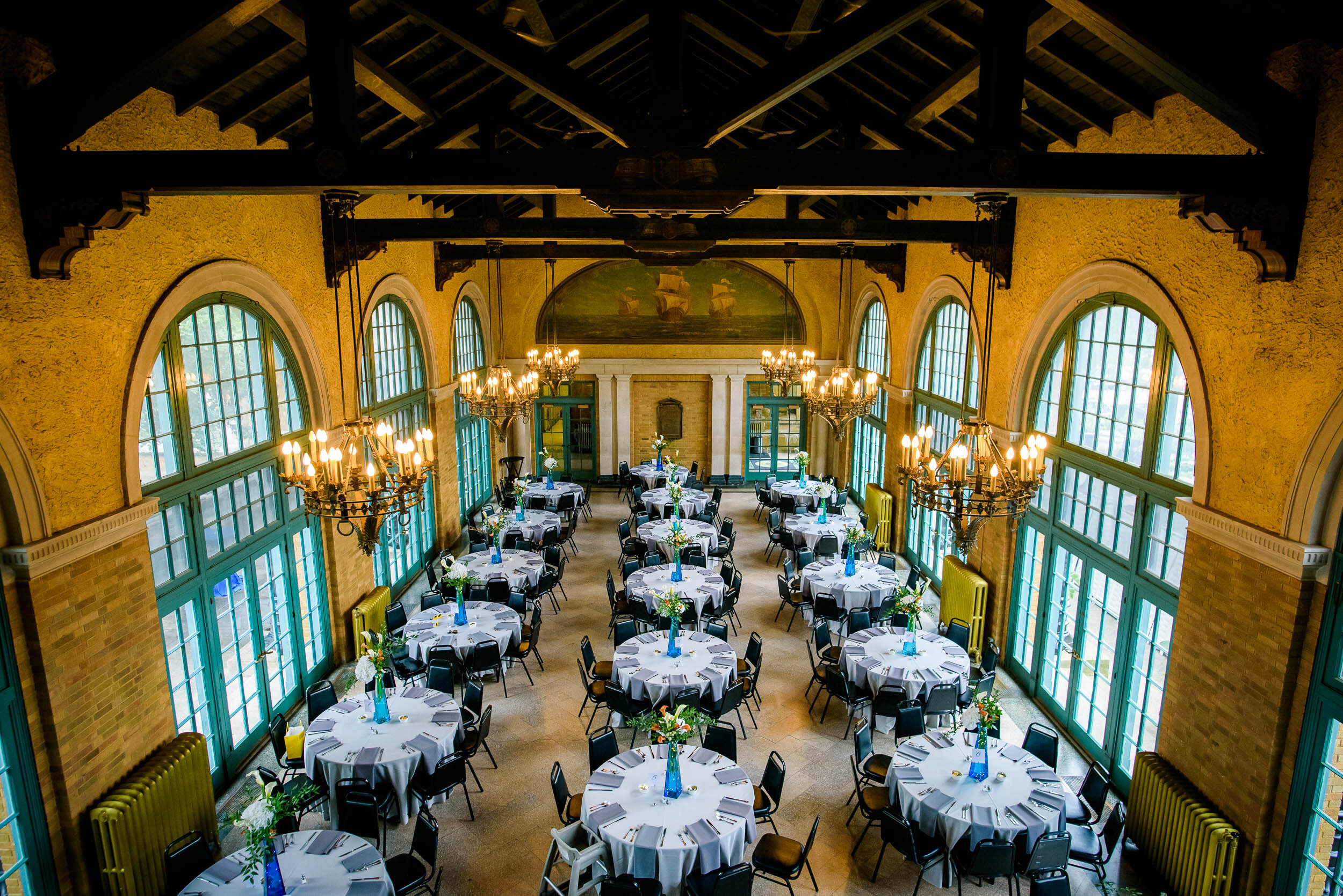 Wedding reception space room photo: Columbus Park Refectory Chicago wedding captured by J. Brown Photography.
