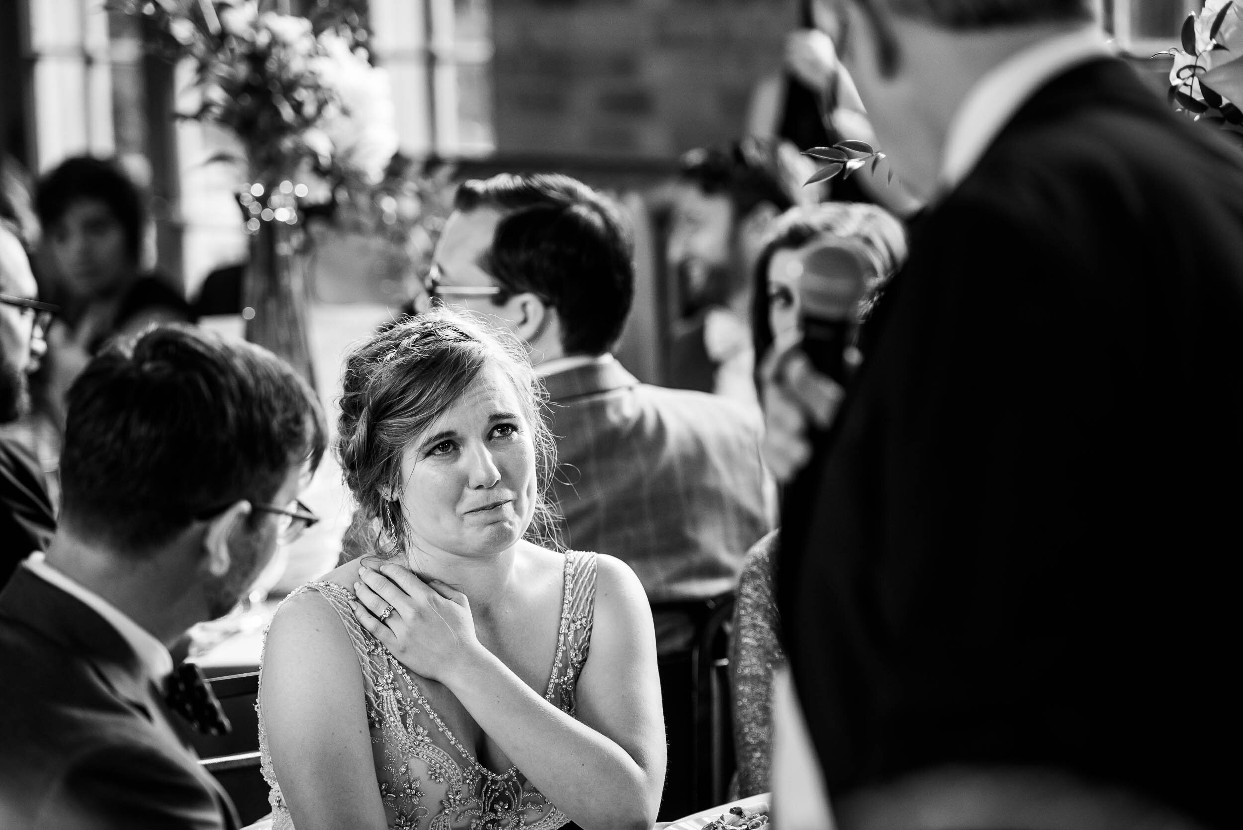 Bride gets emotional during her father's speech: Columbus Park Refectory Chicago wedding captured by J. Brown Photography.