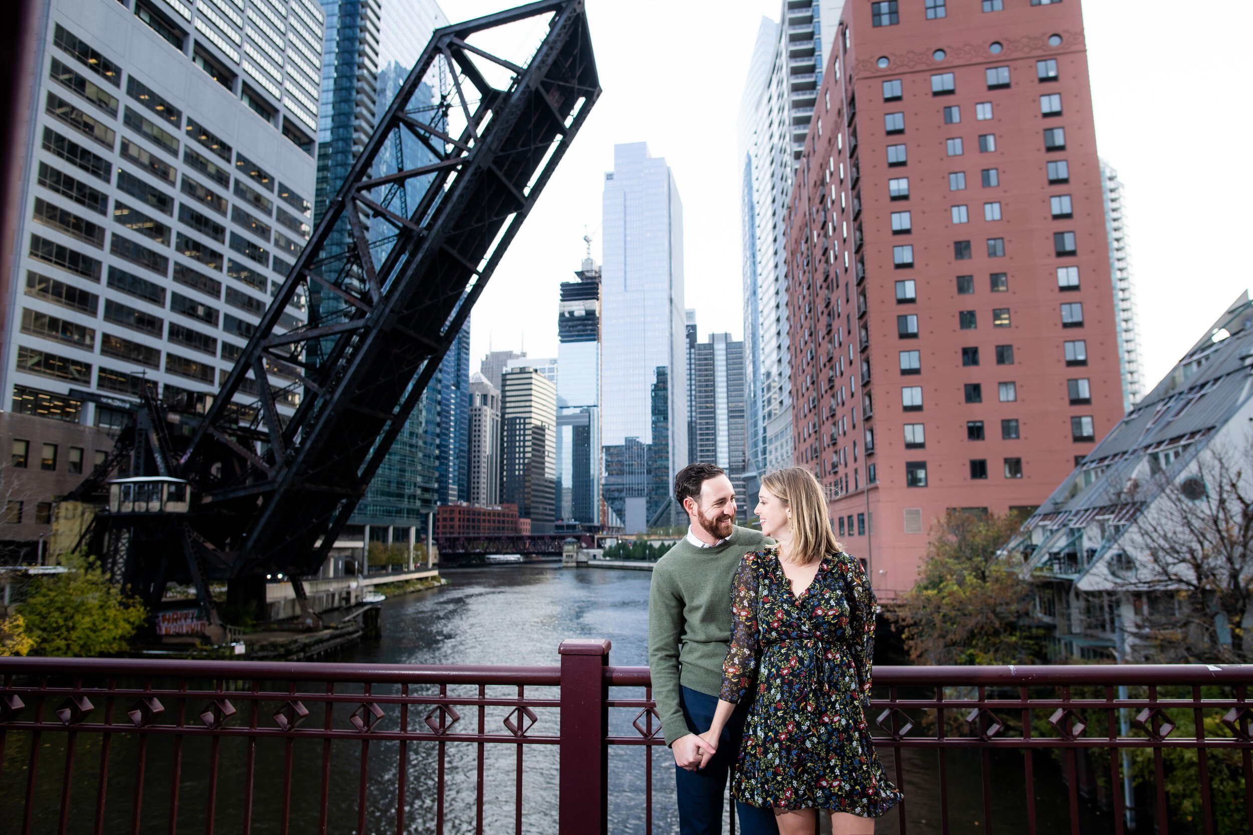 Chicago engagement session on the Kinzie Street Bridge: engagement photo captured by J. Brown Photography.