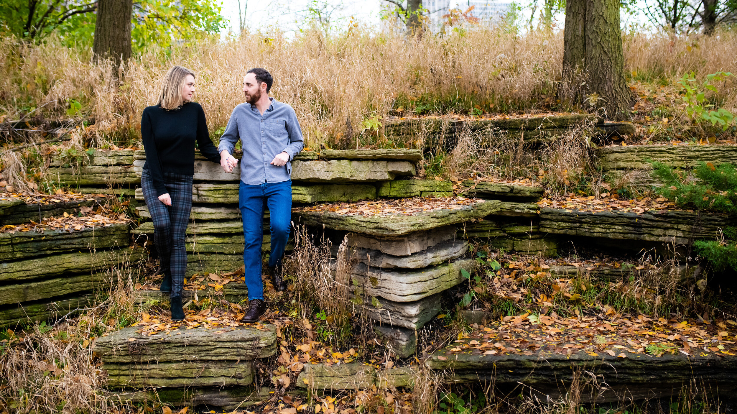 Chicago engagement session with fall colors at the Caldwell Lily Pond: engagement photo captured by J. Brown Photography.