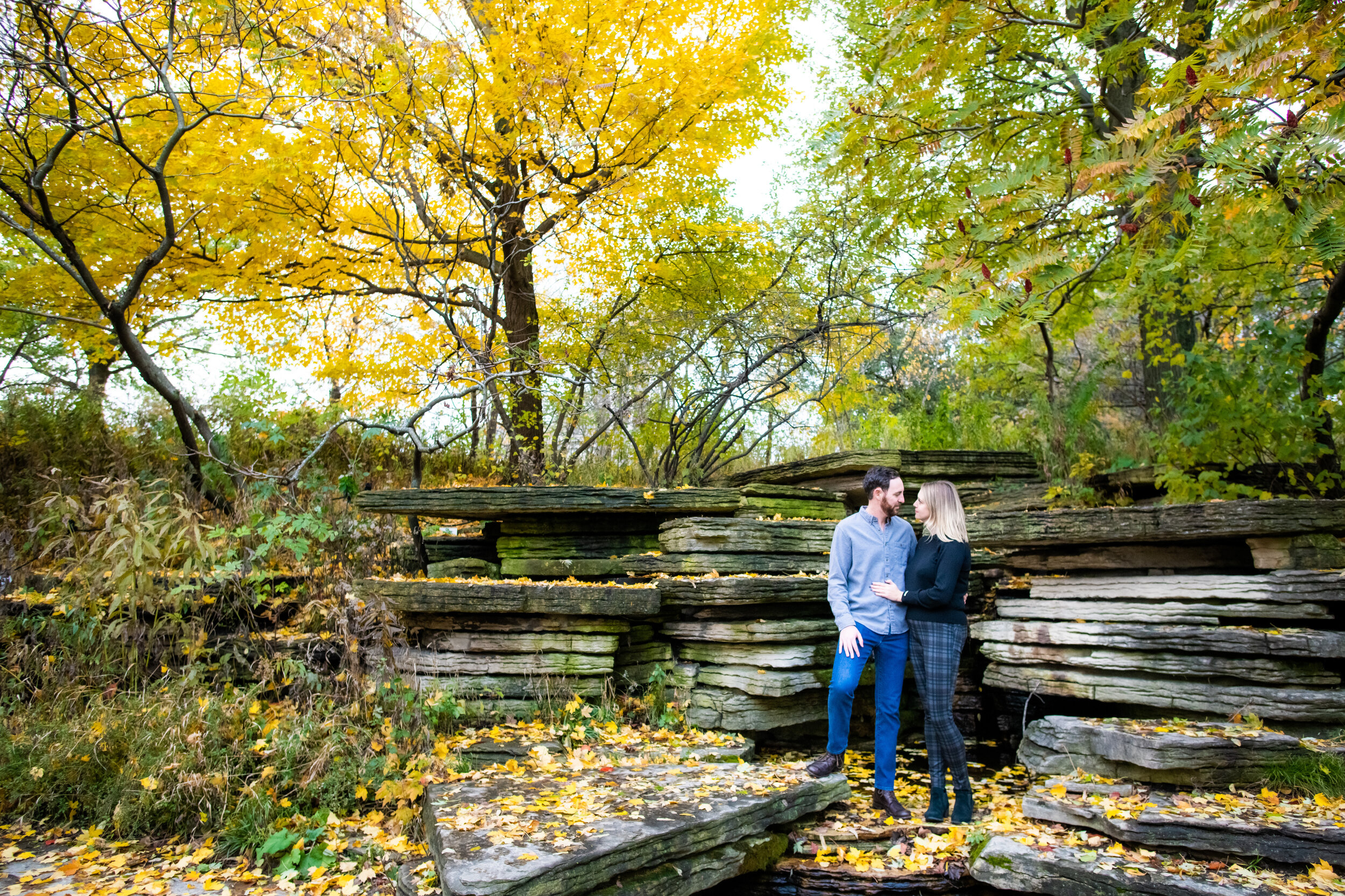 Chicago engagement session with fall colors at the Caldwell Lily Pond: engagement photo captured by J. Brown Photography.