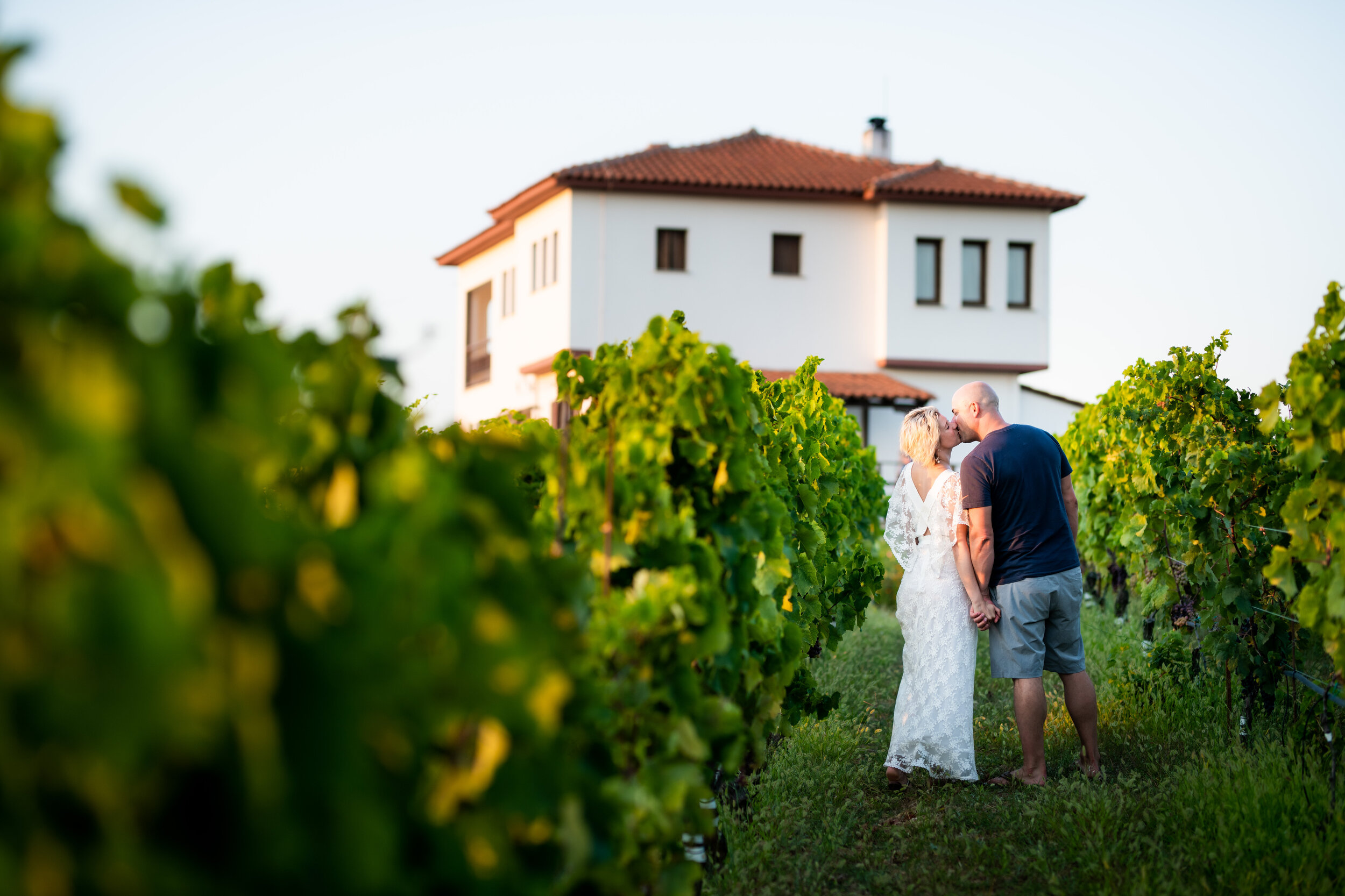 Bride and groom sunset portraits at Patistis Vineyards in Greece:  photo of destination wedding in Greece by J. Brown Photography.