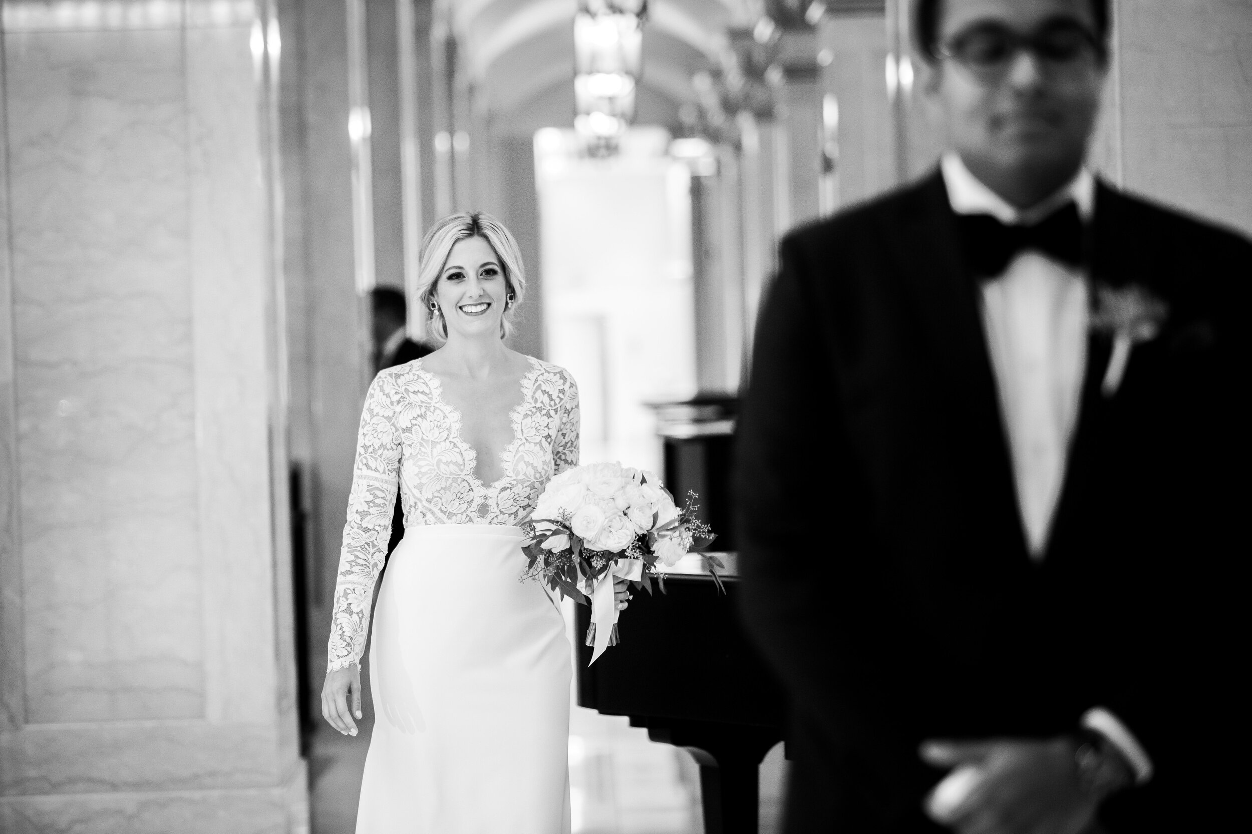 Bride and groom first look: Geraghty Chicago wedding photography captured by J. Brown Photography.