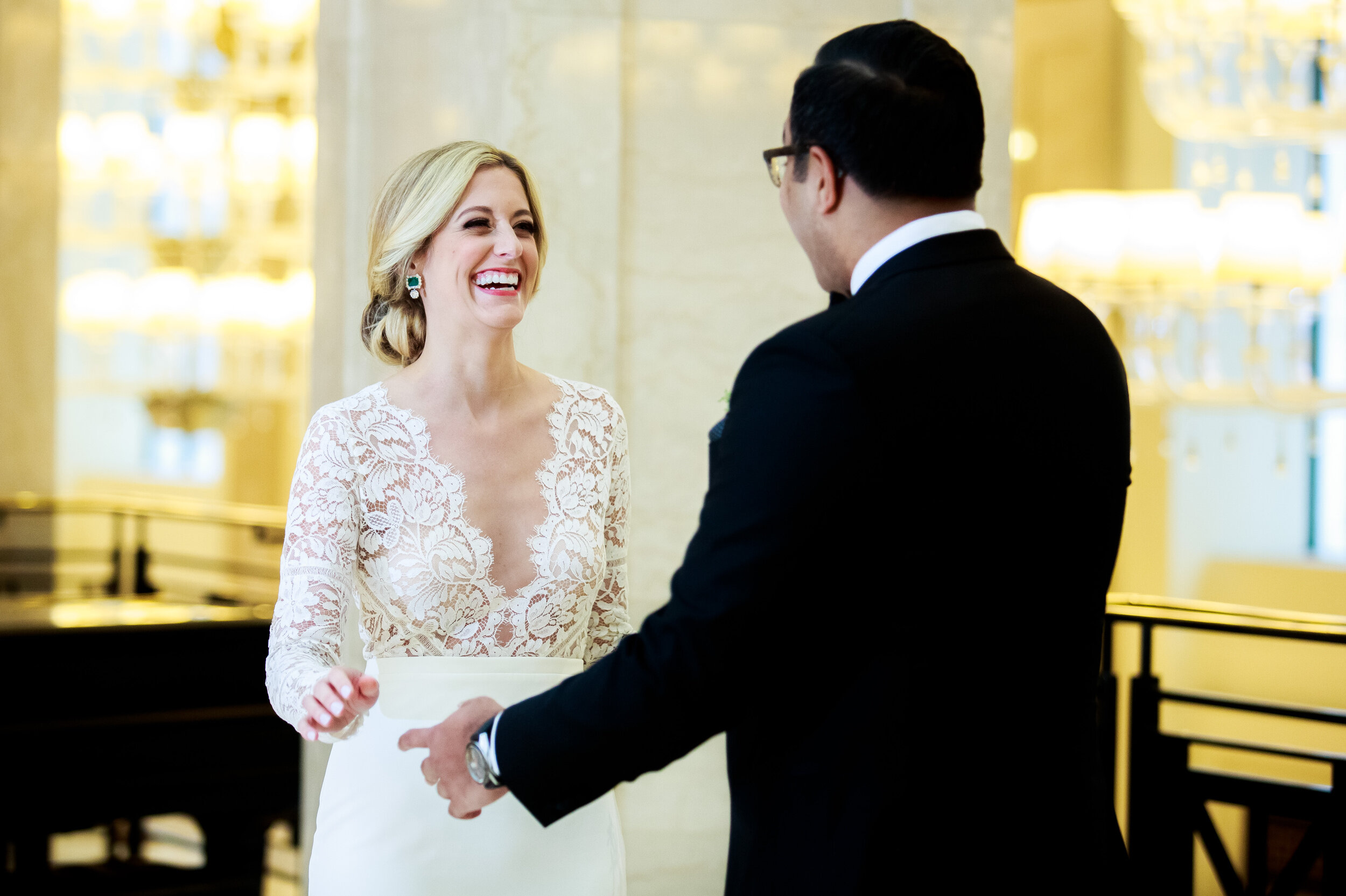 Bride and groom first look: Geraghty Chicago wedding photography captured by J. Brown Photography.