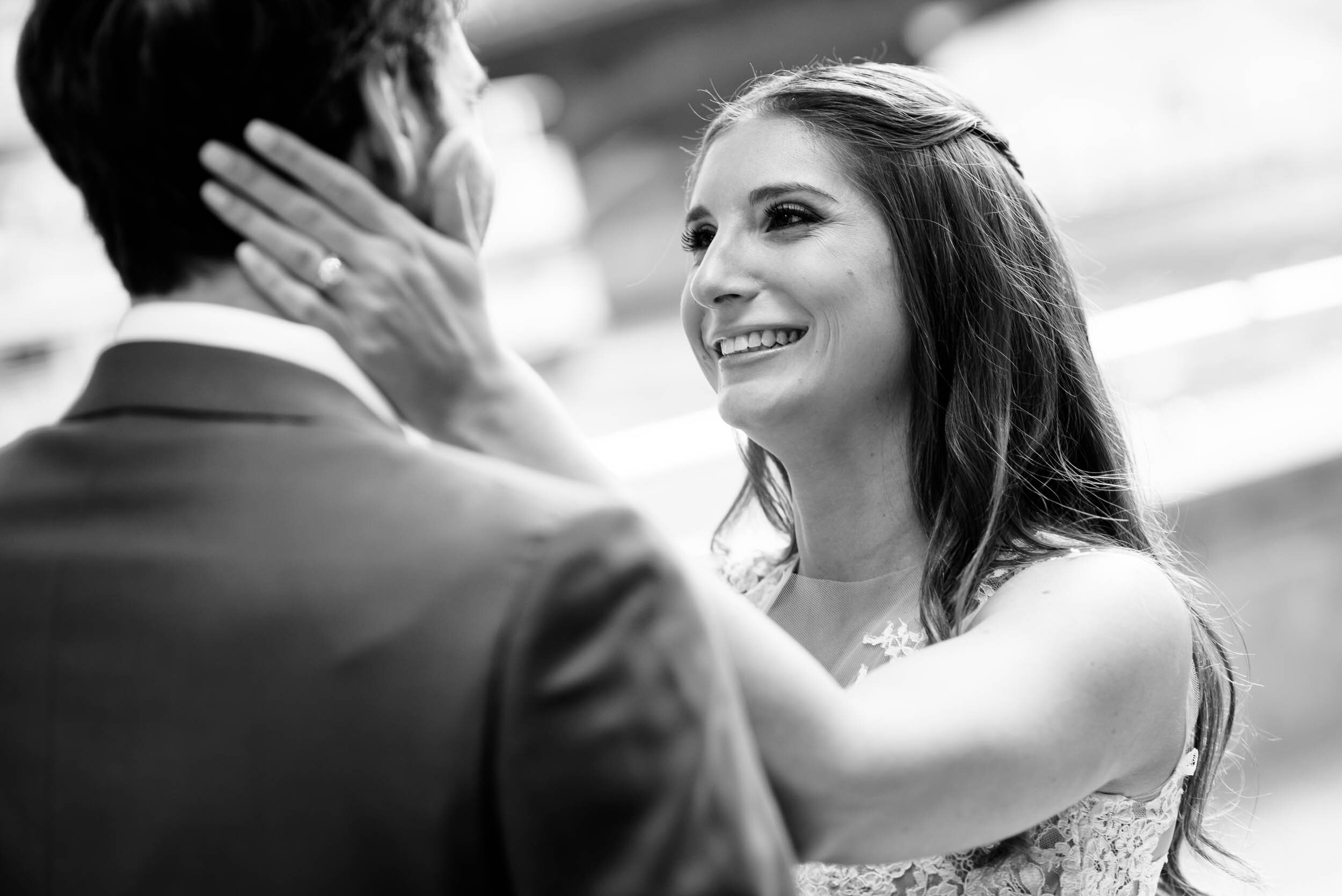 Bride and groom first look: Ravenswood Event Center Chicago wedding captured by J. Brown Photography.  