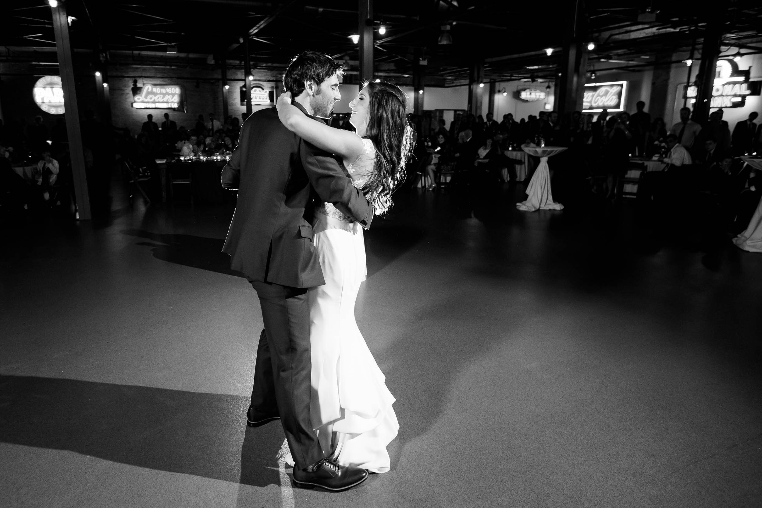 First dance photo: Ravenswood Event Center Chicago wedding captured by J. Brown Photography.  