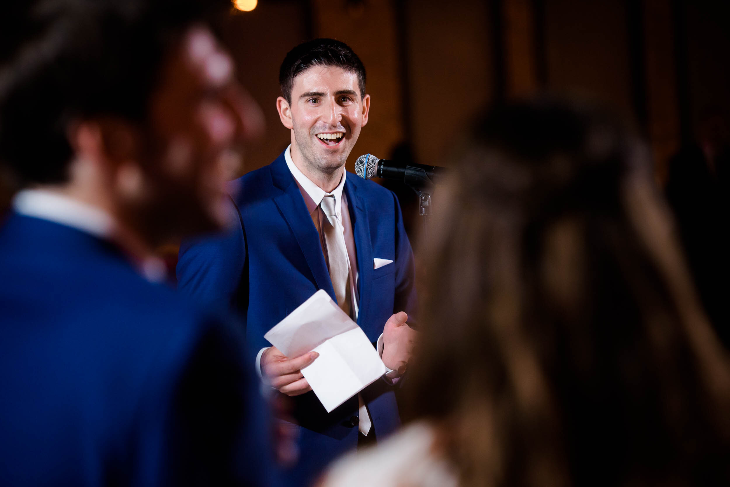 Best man speech photo: Ravenswood Event Center Chicago wedding captured by J. Brown Photography.  