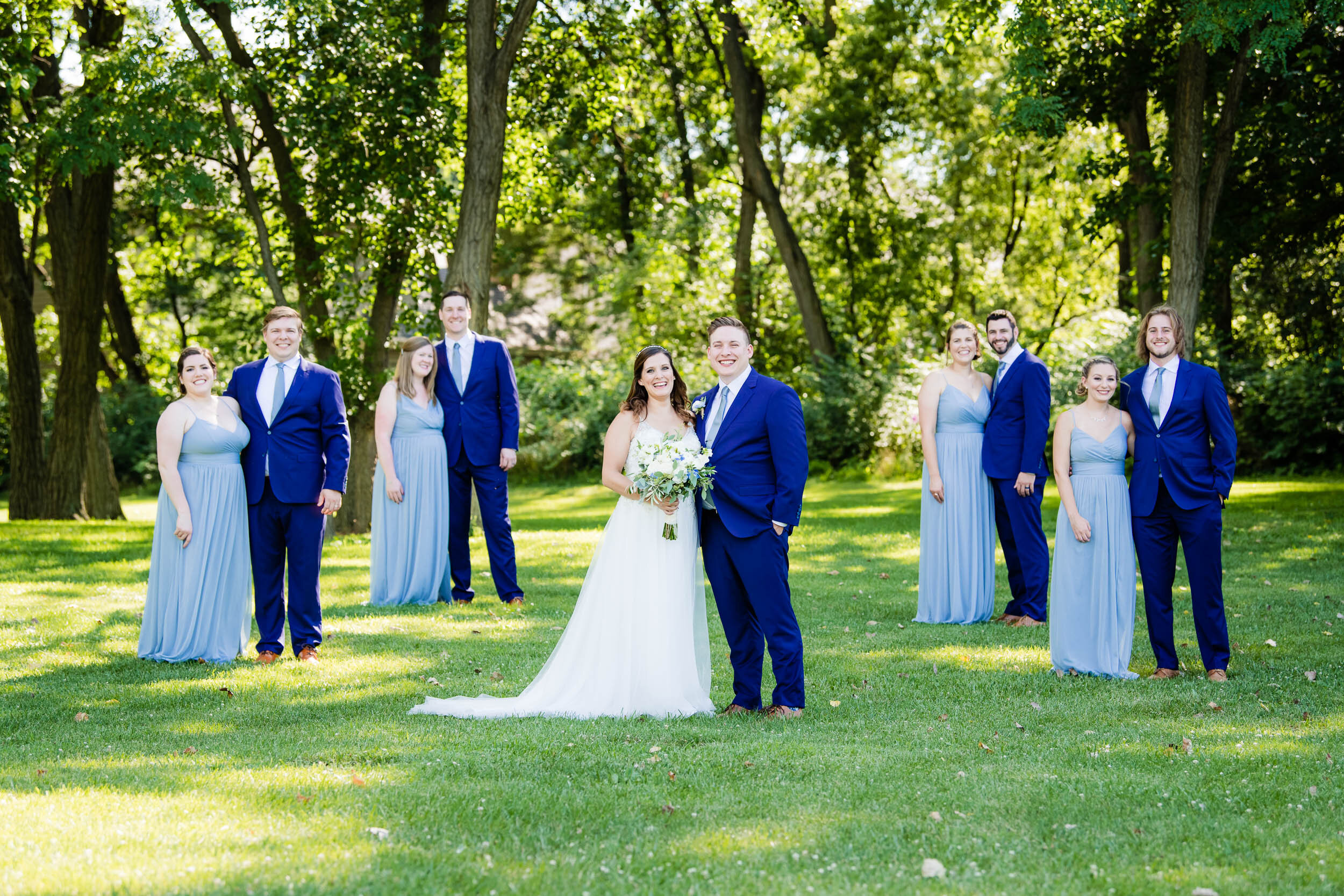 Wedding party group photo:  Chicago backyard wedding photographed by J. Brown Photography.