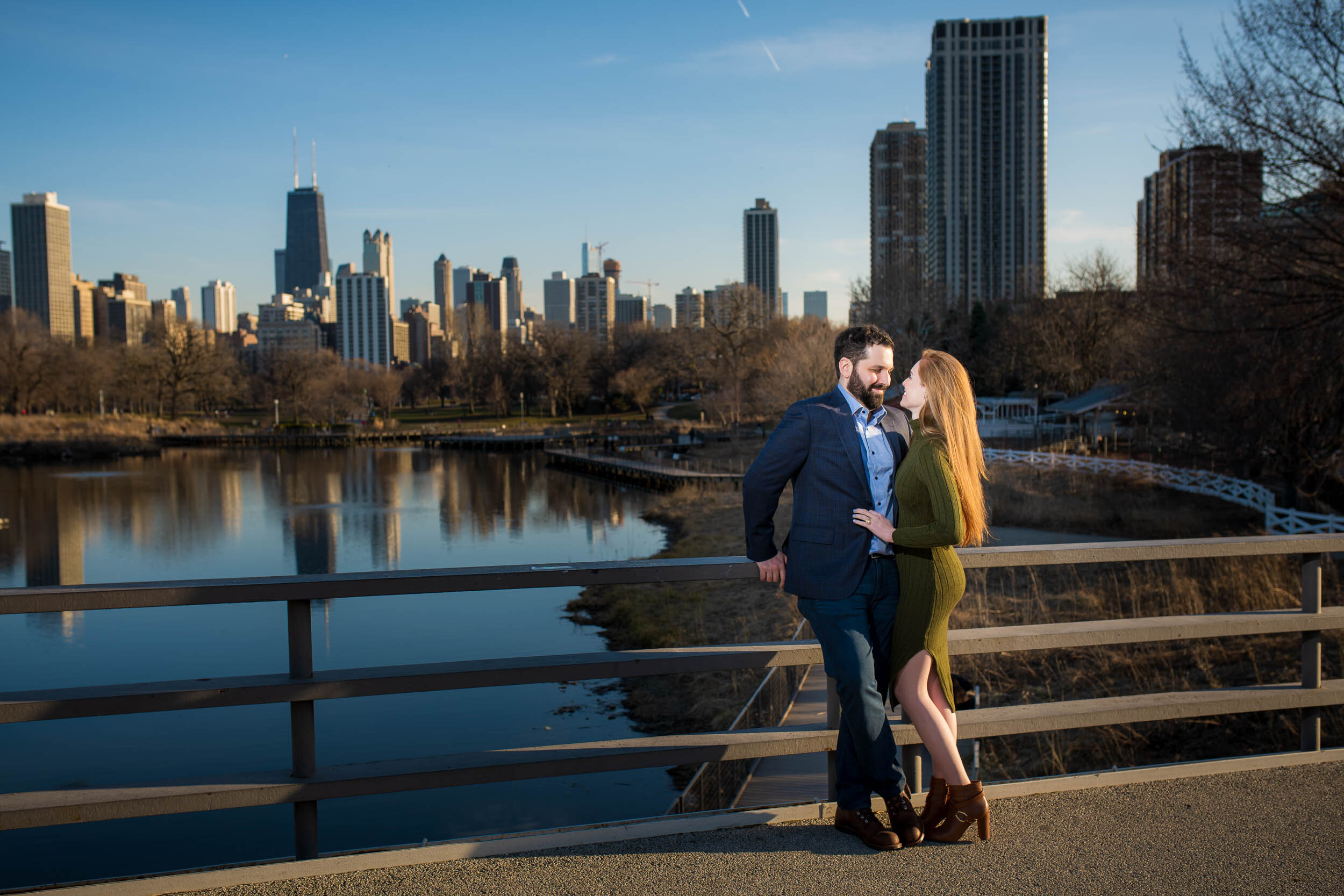 Sunlit photo of the couple at Lincoln Park:  Chicago engagement photo by J. Brown Photography.