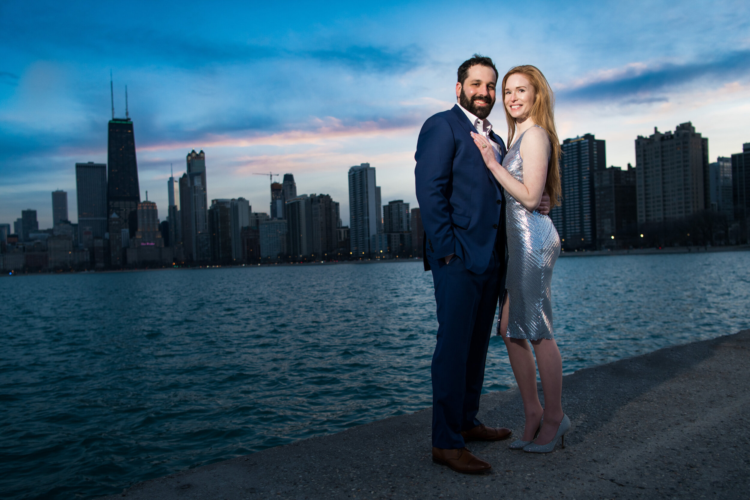 Sunset photo of the couple at North Avenue Beach:  Chicago engagement photo by J. Brown Photography.