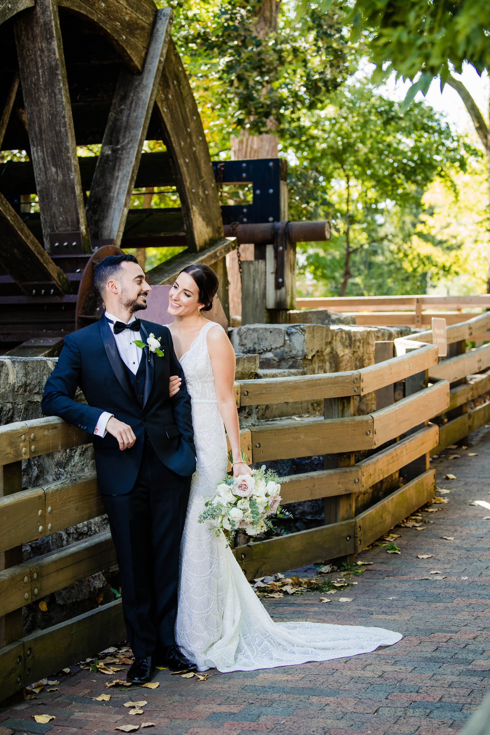 Fun portrait of the bride and groom at Graue Mill:  Chicago wedding photography by J. Brown Photography.