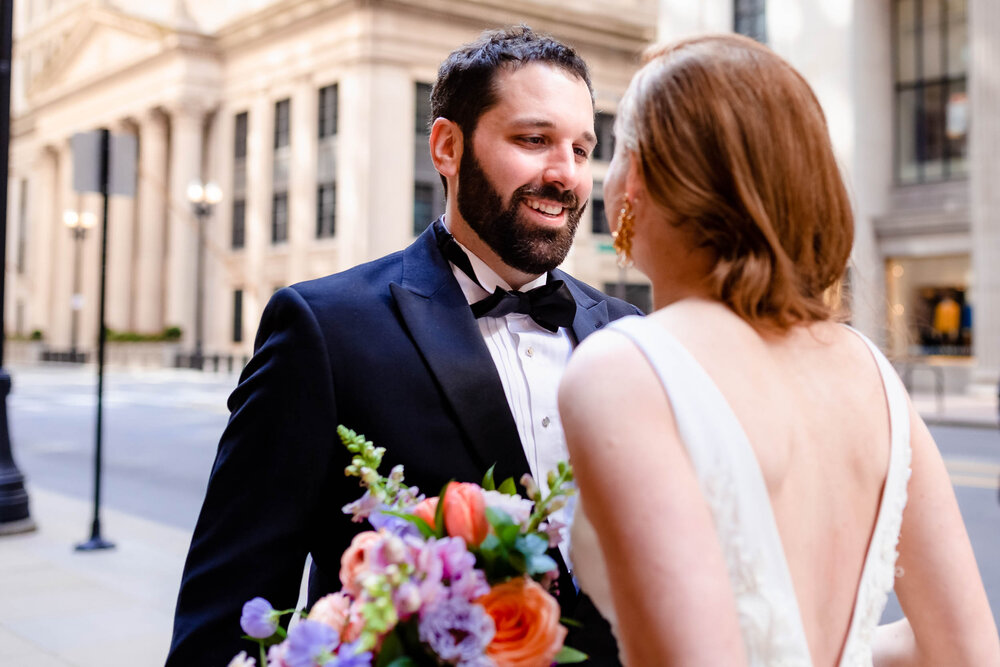 Bride and groom first look:  Chicago wedding photographs by J. Brown Photography.