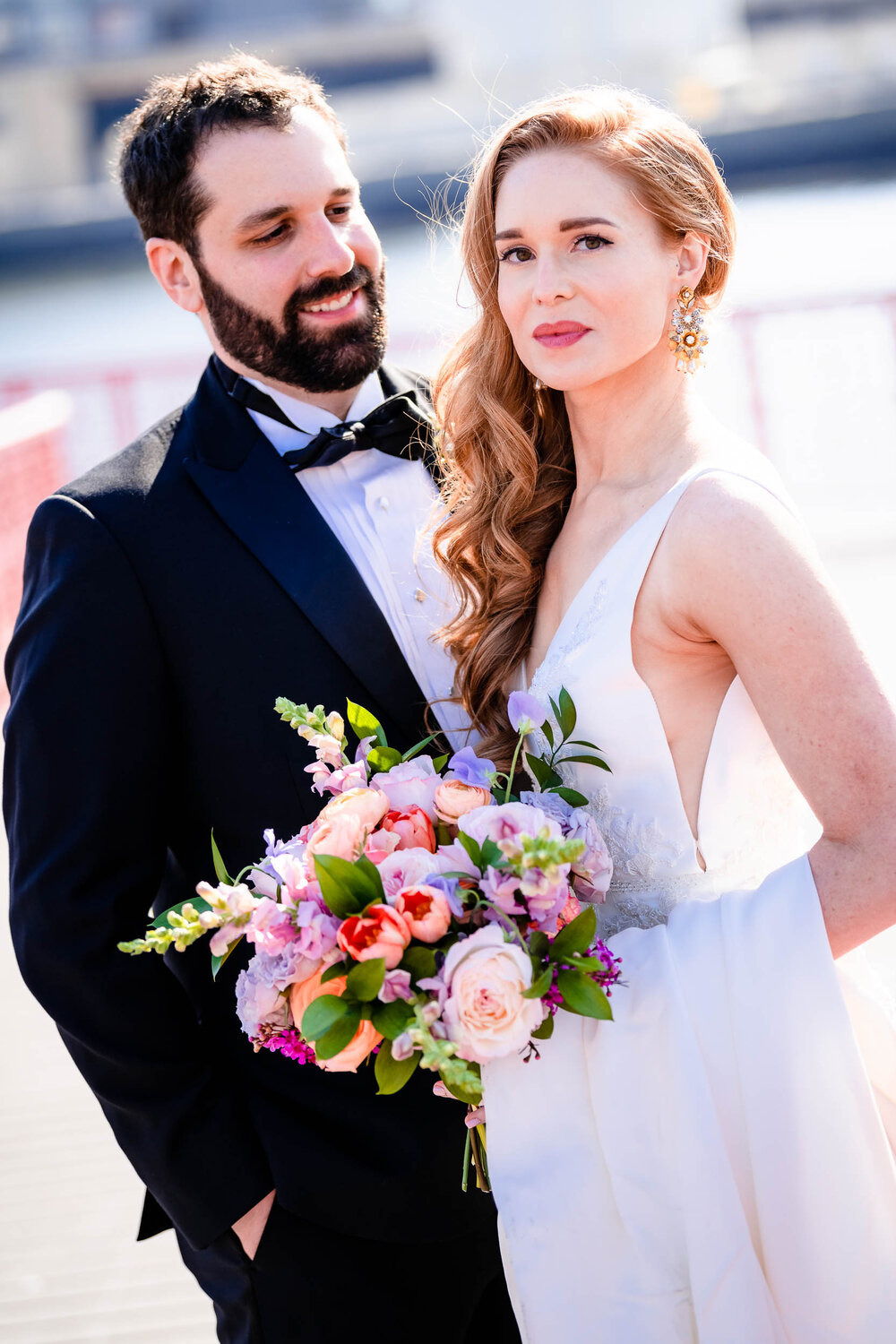 Beautiful classic portrait of the bride and groom at Ping Tom Park:  Chicago wedding photographs by J. Brown Photography.