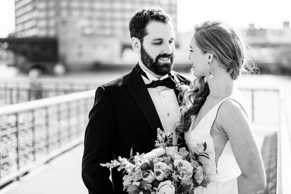 Photo of the groom with the bride at Ping Tom Park: Chicago wedding photographs by J. Brown Photography.