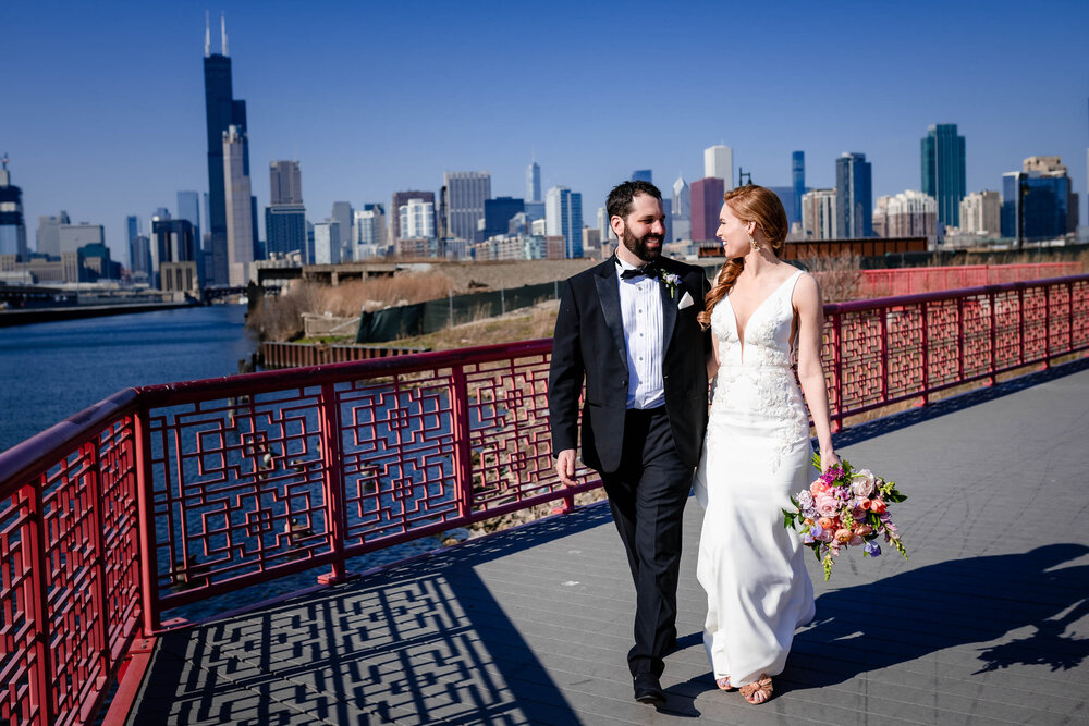 Candid portrait of the couple at Ping Tom Park:  Chicago wedding photographs by J. Brown Photography.