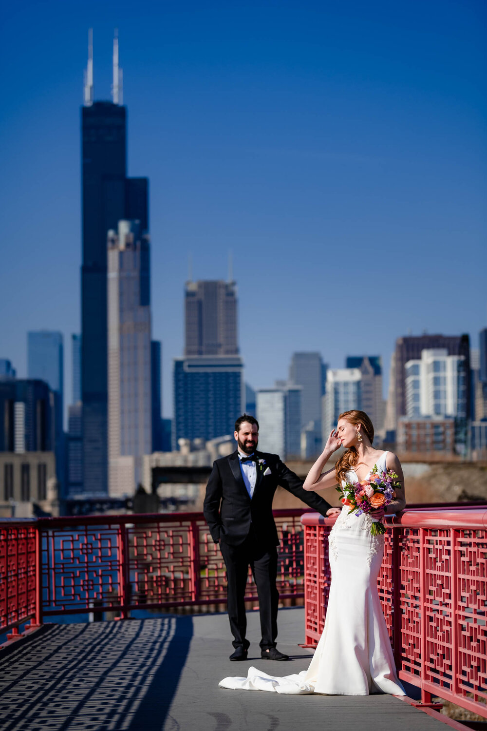 Creative editorial portrait of the bride and groom at Ping Tom Park:  Chicago wedding photographs by J. Brown Photography.