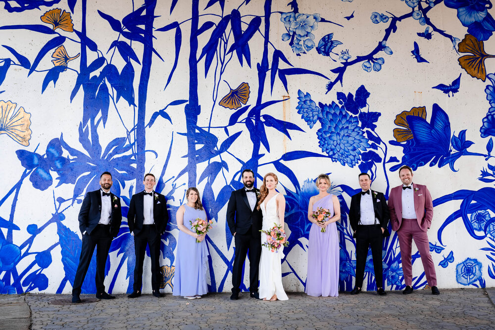 Wedding party portrait with street art at Ping Tom Park:  Chicago wedding photographs by J. Brown Photography.