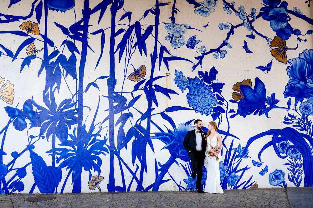 Creative portrait of the bride and groom at Ping Tom Park:  Chicago wedding photographs by J. Brown Photography.