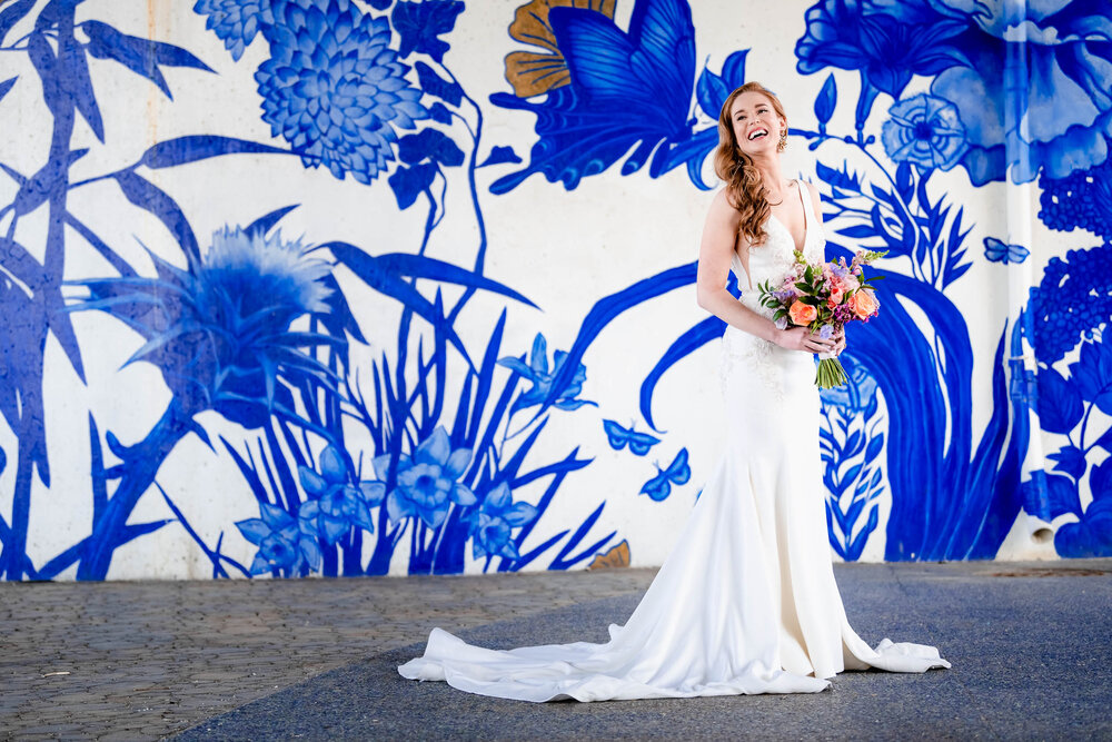 Portrait of the bride with street art at Ping Tom Park:  Chicago wedding photographs by J. Brown Photography.