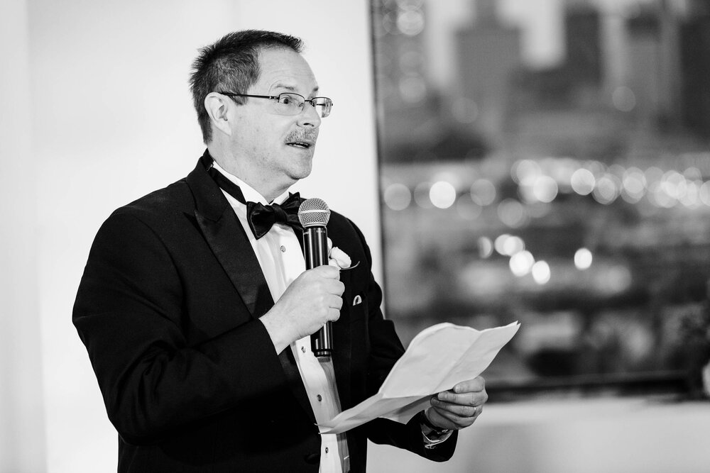 Father of the bride toast during a reception at the Stockhouse:  Chicago wedding photographs by J. Brown Photography.