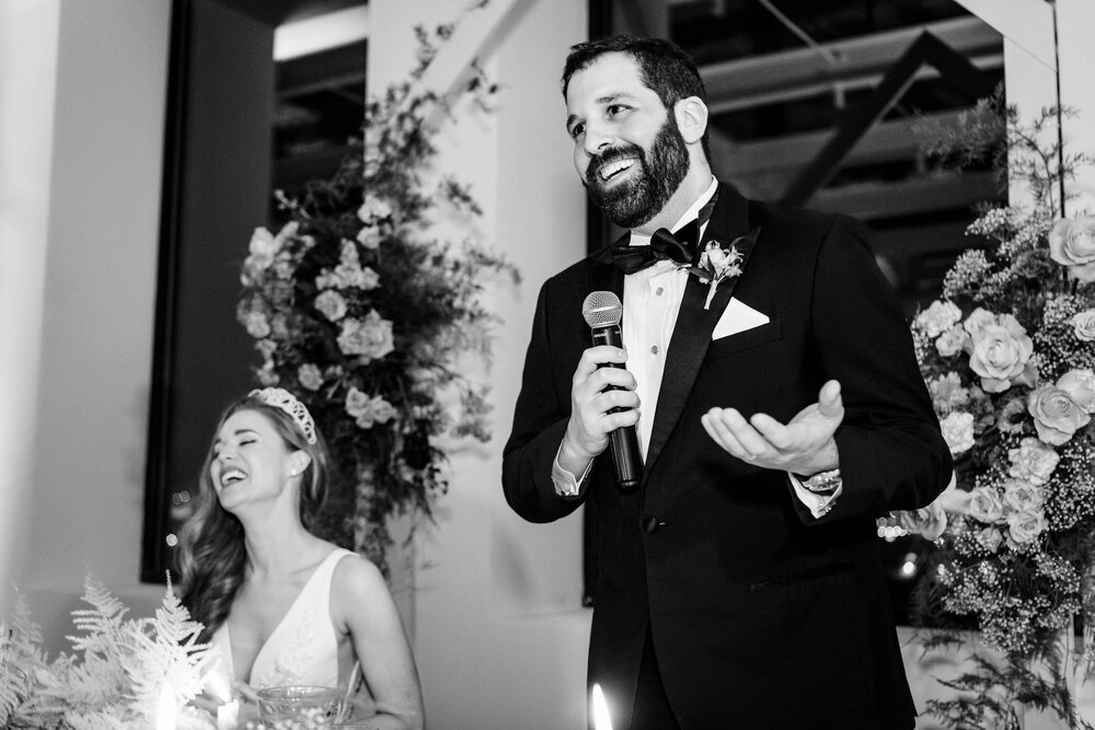 Funny moment during the couple's thank you speech at a reception at the Stockhouse:  Chicago wedding photographs by J. Brown Photography.