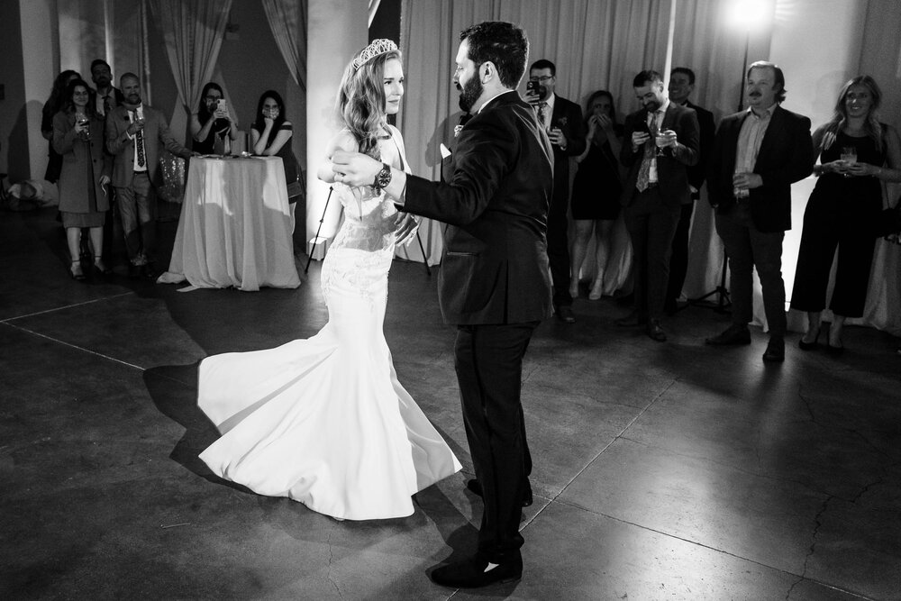 First dance moment during a reception at the Stockhouse: Chicago wedding photographs by J. Brown Photography.