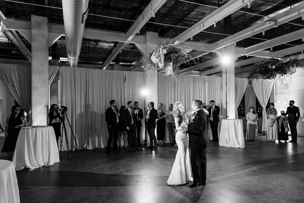 Father daughter dance moment at the Stockhouse: Chicago wedding photographs by J. Brown Photography.