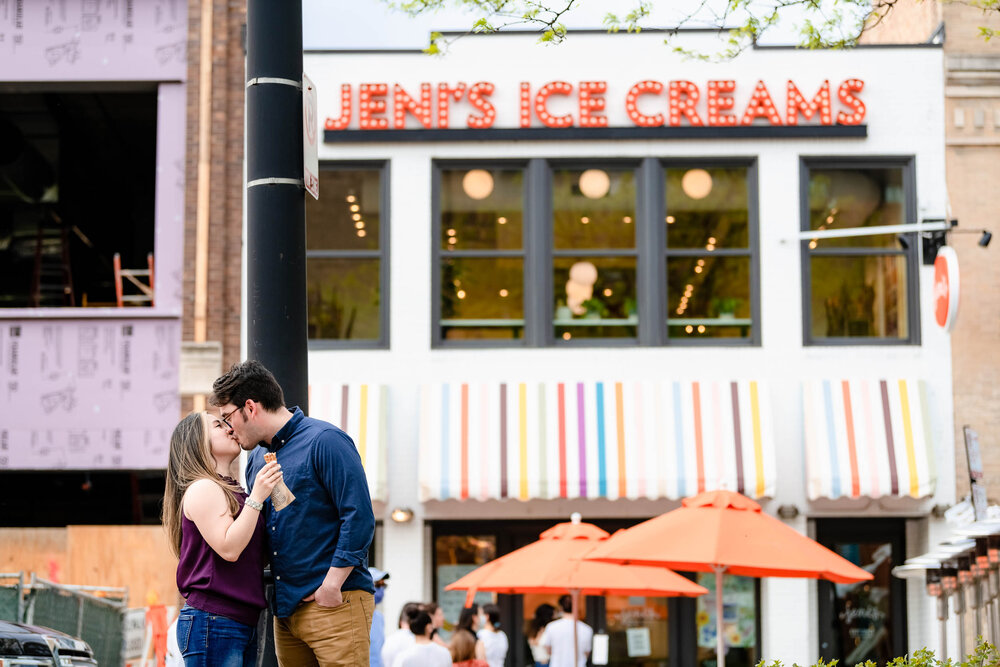 Engagement Photographer Chicago | Jeni's Ice Cream | J. Brown Photography | fun photo of couple with ice cream shop.