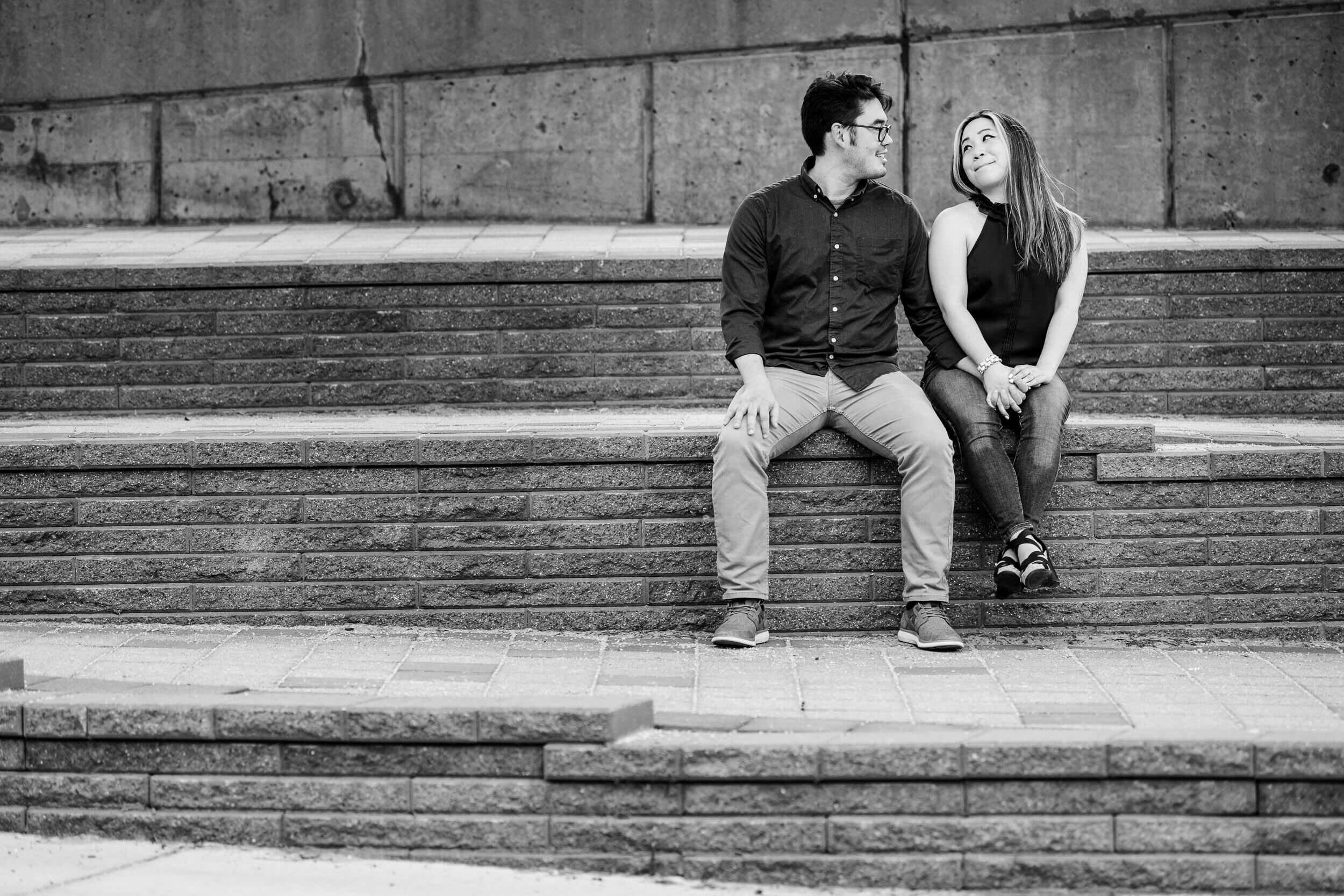 Chicago Wedding Photographer | Milton Lee Olive Park | J. Brown Photography | creative black and white portrait of couple on steps.