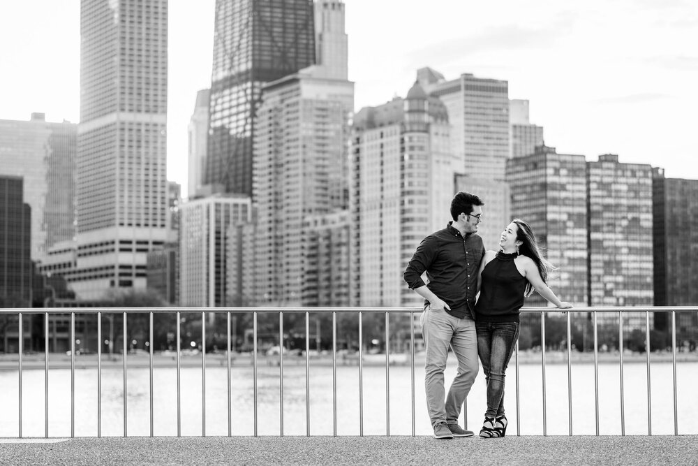 Best Engagement Photographers Near Me | Milton Lee Olive Park | J. Brown Photography | black and white portrait with the Chicago skyline.