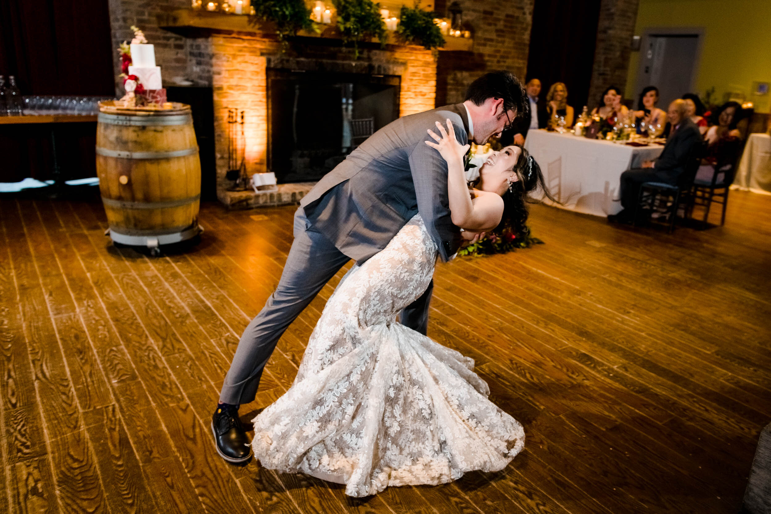 Chicago Wedding Photographer | City Winery | J. Brown Photography | groom dips the bride during first dance.