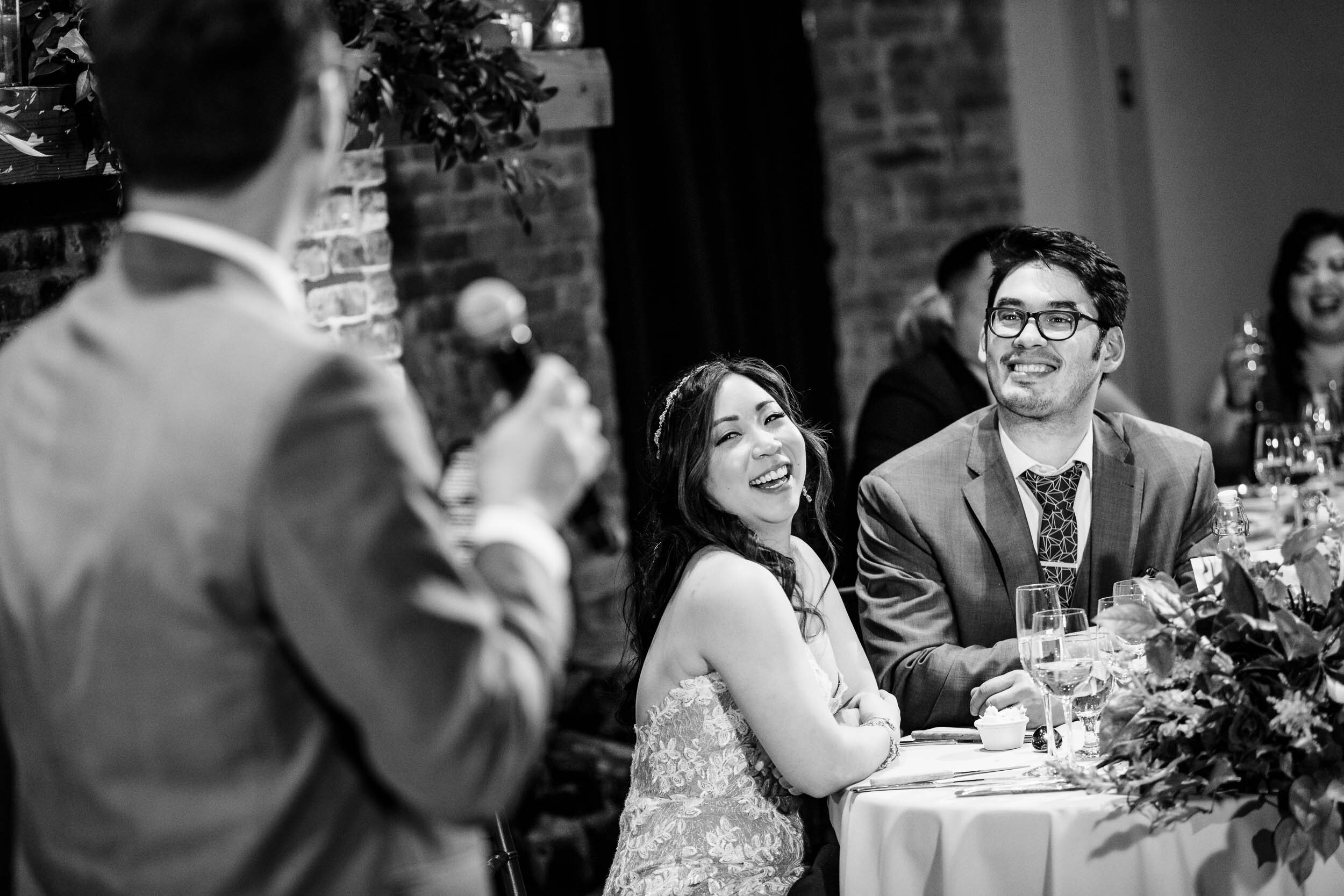 Wedding Day Photos | City Winery | J. Brown Photography | bride laughs during maid of honor toast.