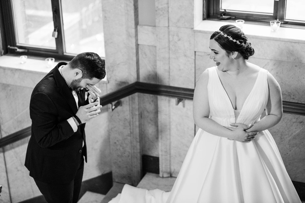 Chicago Wedding Photographer | Newberry Library | J. Brown Photography | groom reacts to seeing the bride. 