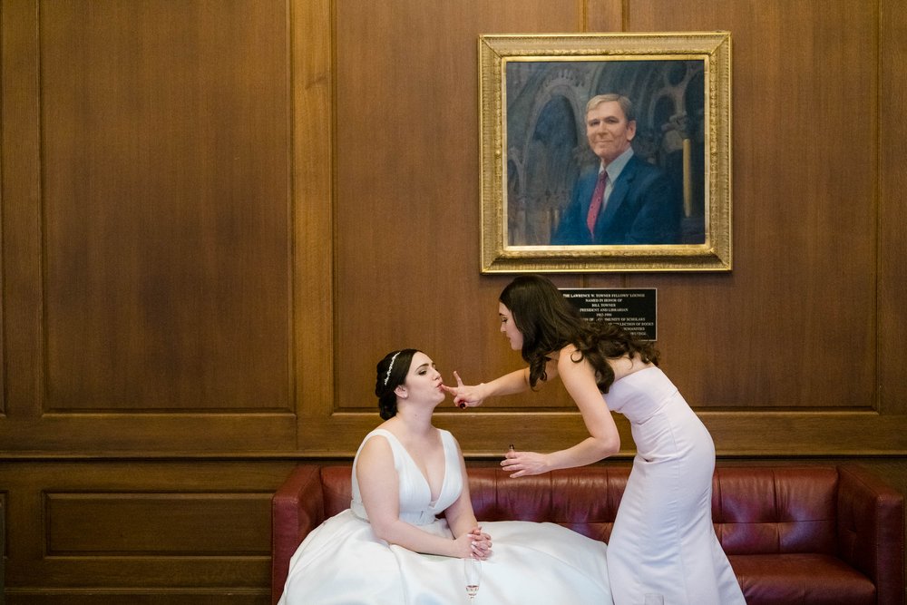 Chicago Wedding Photographer | Newberry Library | J. Brown Photography | maid of honor helps bride before ceremony.