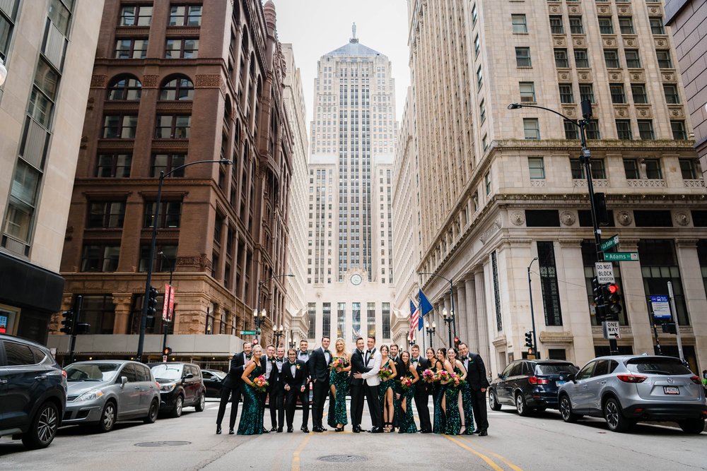 Chicago Board of Trade | Outdoor wedding party photo | Chicago IL