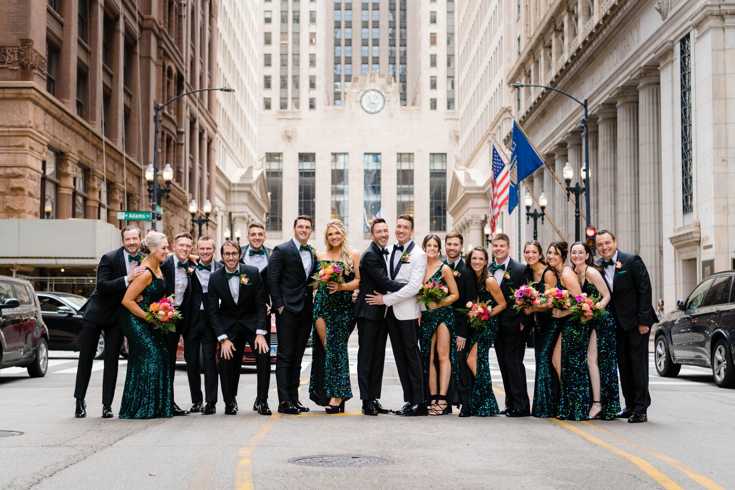 Chicago Board of Trade | Outdoor wedding party photo | Chicago IL