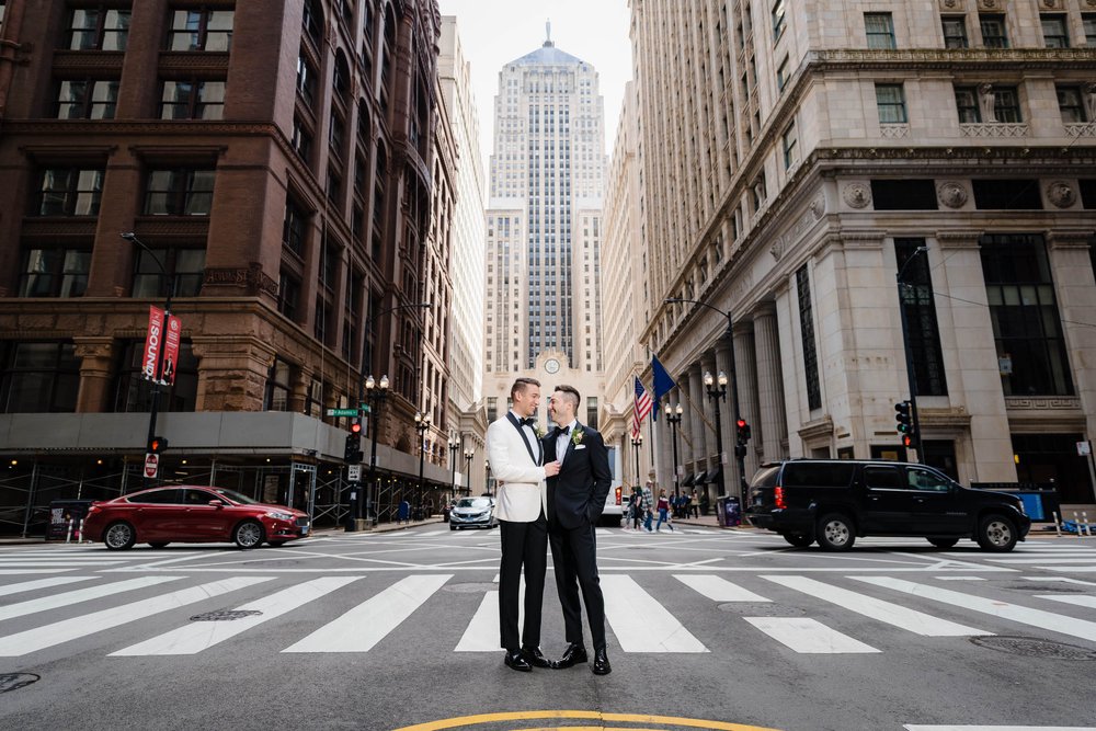 Chicago Board of Trade | outdoor same sex wedding photo | Chicago IL