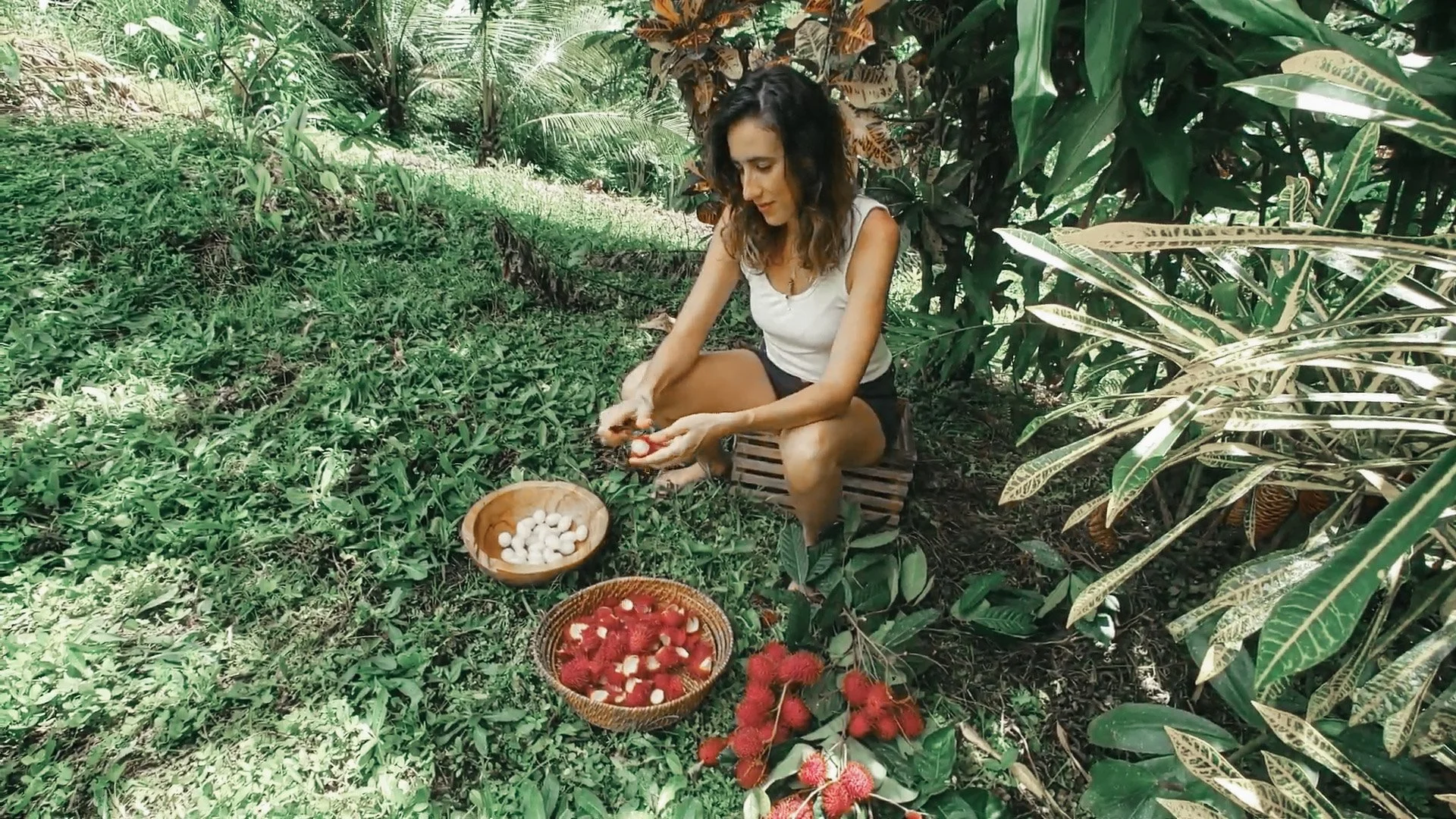 Harvesting rambutan and fresh eggs in a tropical garden at a garden-to-table retreat in Costa Rica