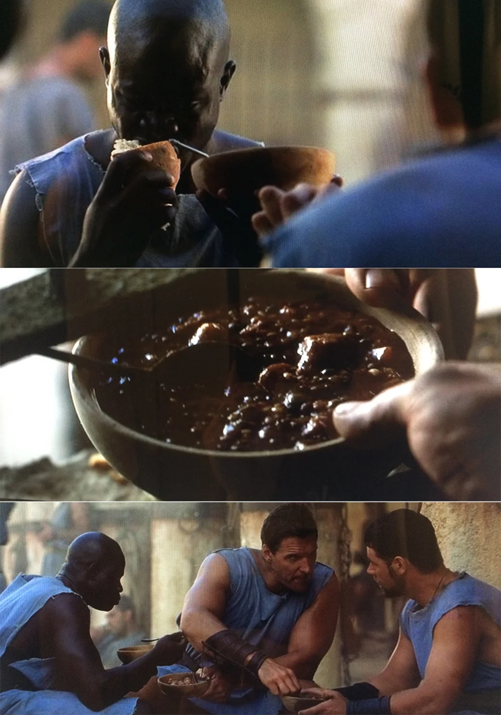 Eroticism 101: Holding my stew, I gaze into your eyes while I taste your stew. And this other guy watches both of us, eating his own stew.