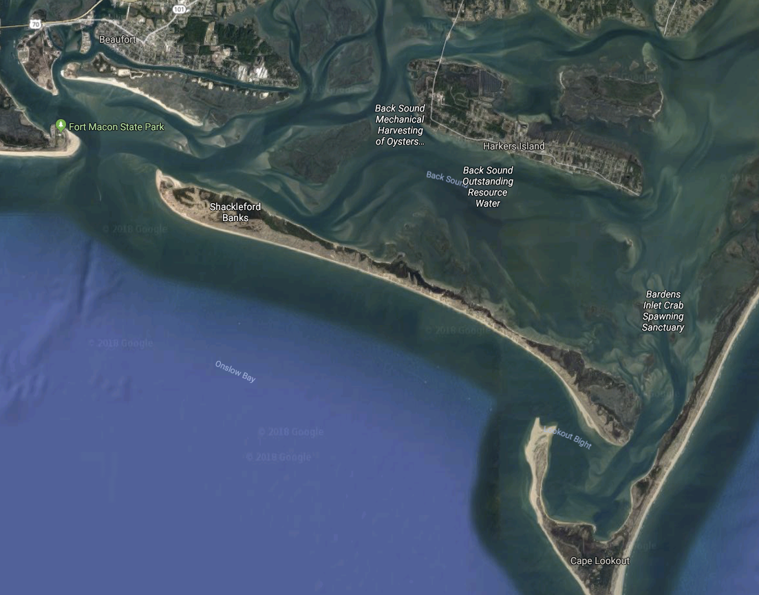 Shackleford Banks is the long thin island and the Rachel Carson Reserve is just above the west end.