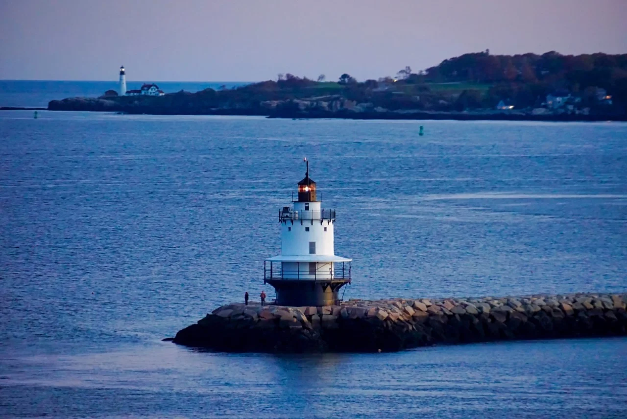 Spring Point Light with Portland Head behind. South Portland and Cape Elizabeth, Maine