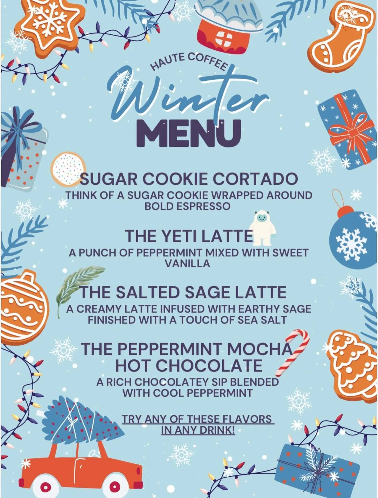 What better day to drop our winter menu than on the first snowfall!! Enjoy some new flavors and some old favorites! ❄️☃️☕️