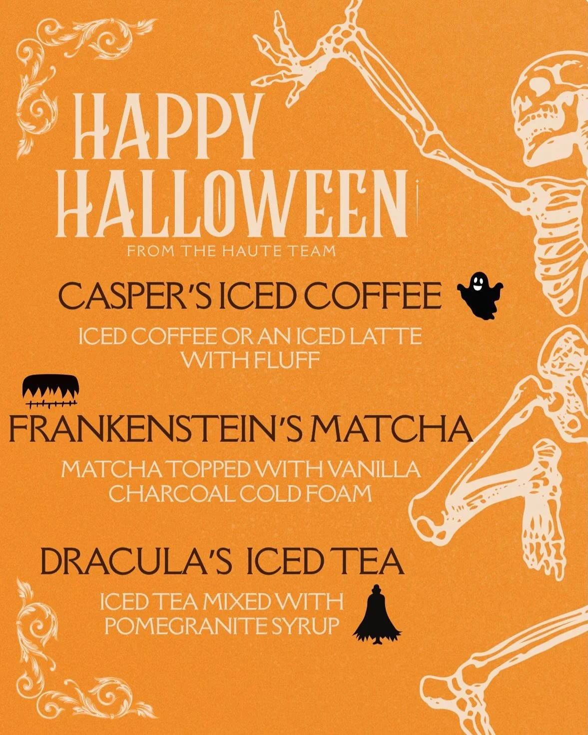 Happy Halloween from us to you!! We&rsquo;re bringing you three new drinks for the season to enjoy hot or iced! Get in the spooky spirit at Haute with our limited time Halloween menu! ☕️🎃👻 #halloween #coffee #concordma #hautecoffee